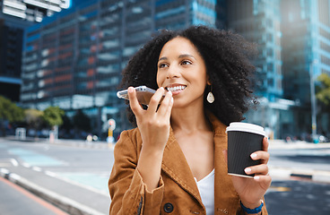 Image showing Black woman, city and talking with phone, voice and loudspeaker of speech. Happy female, street and mobile microphone for communication, audio chat and recording conversation on 5g digital connection