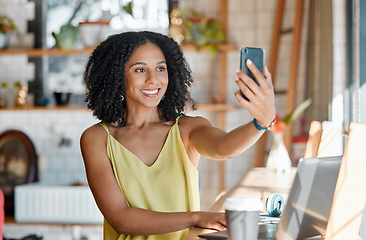 Image showing Black woman, coffee shop and selfie with smile, happiness and relax for social media, app or profile picture. Young gen z girl, student and cafe with smartphone, photo and laptop for research study