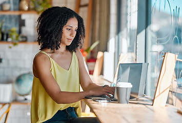 Image showing Black woman, cafe and laptop with coffee shop wifi connection while typing email or feedback. Young entrepreneur person doing remote work, social media or writing blog or social media post content