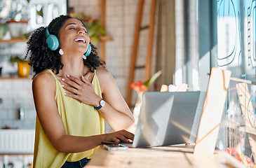 Image showing Video call, laptop and black woman laugh in coffee shop for talking, virtual conversation and networking. Communication, cafe and happy girl with headphones on computer for freelance and remote work