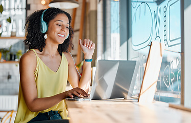 Image showing Video call, coffee shop and business black woman on laptop for meeting, virtual conference and network. Communication, cafe and girl with headphones on computer for webinar, freelance and remote work