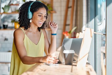 Image showing Video call, laptop and business black woman in coffee shop for network, virtual meeting and conference. Communication, cafe and girl with headphones on computer for webinar, freelance and remote work