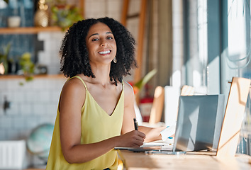 Image showing Black woman, portrait and writing in cafe, laptop or planning remote worker, freelance research or restaurant. Happy female in coffee shop, notes and computer technology of blogging on social network