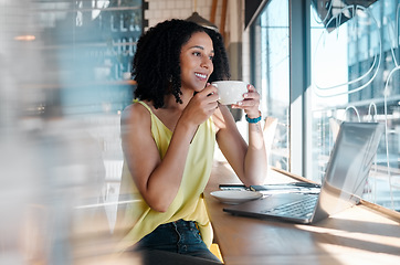 Image showing Window, laptop and coffee shop with a black woman blogger drinking a beverage during remote work. Internet cafe, freelance and startup with an attractive young female working in a restaurant