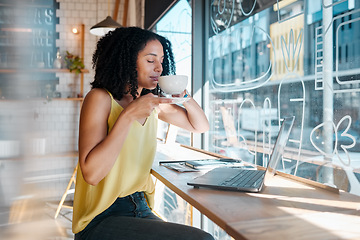 Image showing Window, laptop and internet cafe with a black woman blogger smelling a beverage during remote work. Coffee shop, freelance and startup with an attractive young female working in a restaurant