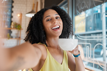 Image showing Happy black woman, portrait and selfie in coffee shop, restaurant or bistro of lunch, latte and easy lifestyle. Face, cafe and girl smile with cup of tea drink, cappuccino and photograph of happiness