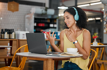 Image showing Video call, remote work and black woman in coffee shop on laptop talking, in discussion and meeting. Communication, freelance and girl on computer for webinar, virtual conference and networking