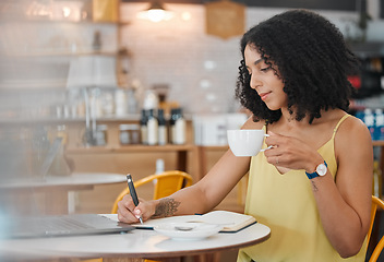 Image showing Cafe, freelancer and woman writing notes for a freelance project while drinking a cup of espresso. Technology, notebook and female from Mexico planning business report with a cappucino in coffee shop