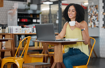 Image showing Cafe, innovation and laptop with a black woman blogger in a restaurant for research while doing remote work. Coffee shop, freelance and a female startup entrepreneur working on a small business blog