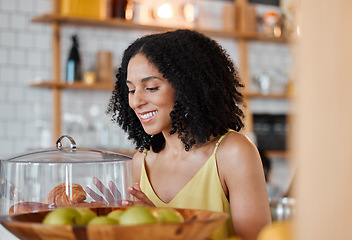 Image showing Black woman, cafe and choose croissant with happy smile for snack, food or treat at breakfast to start morning. Girl, bakery or coffee shop with decision, thinking or choice for sweet french bread