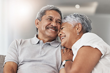 Image showing Love, relax and senior couple laugh at funny joke, enjoy quality time together and bond on home living room sofa. Retirement, smile and elderly man, woman or people happy in Rio de Janeiro Brazil