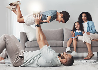 Image showing Relax, happy and airplane with father and son on floor of living room for bonding, playful and support. Wellness, game and strong with dad and child in family home for care, quality time and smile