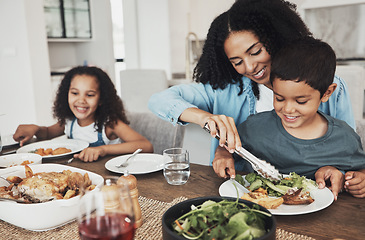 Image showing Mom, children and eating food in home together for lunch, dinner table and healthy meal. Happy family, mother and kids smile for dining in house with love, care and happiness of delicious supper