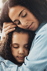 Image showing Love, mother and girl hug, happy and bonding for care, loving and support on break, relax and solidarity. Family, mama and daughter embrace, quality time and trust with mom, female kid and happiness