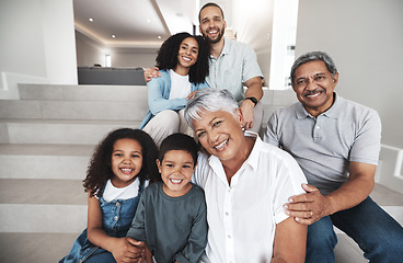 Image showing Love, home stairs and portrait of happy family bonding, relax and enjoy quality time together in Brazil. Smile, happiness and youth children, parents and grandparents in vacation house