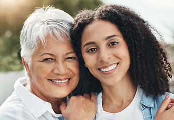 Image showing Face portrait, happy family or elderly mother with daughter bonding, relax or enjoy quality time together in backyard. Outdoor, vacation love and senior mom, woman or people in Brazil