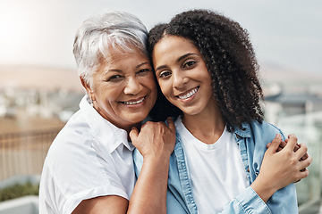 Image showing Portrait, happy family or senior mom with daughter bonding, relax or enjoy quality time together in backyard. Lawn, outdoor vacation love and elderly mother, woman or people in Brazil