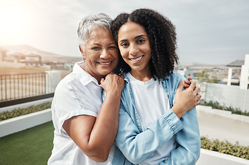 Image showing Portrait, happy family or elderly mother with daughter bonding, relax or enjoy quality time together in backyard. Lawn, outdoor vacation love and elderly mom, woman or people in Brazil