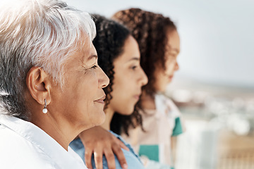 Image showing Family generation of child, mom and grandmother bonding, calm or enjoy outdoor quality time together. Love, freedom peace and face profile of relax people on holiday vacation in Rio de Janeiro Brazil