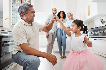 Image showing Dance, grandfather and child together in family home kitchen for love, care or fun bonding, birthday and learning support. Teaching, dancing and Mexico girl or kid with senior people, elderly or man