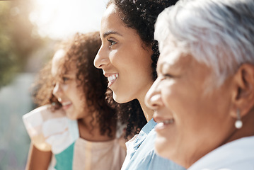 Image showing Happy family generation of child, mother and grandmother bonding, smile or enjoy quality summer time together. Love, outdoor sunshine and face profile of people on vacation in Rio de Janeiro Brazil