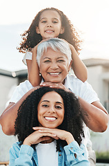 Image showing Portrait of happy family child, mother and grandmother bonding, smile and enjoy quality summer time together. Love, outdoor sunshine and generation face of people on vacation in Rio de Janeiro Brazil