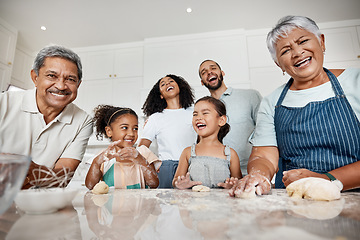 Image showing Cooking, learning and big family with kids in kitchen baking with dough and laughing at comic joke. Education portrait, care and mother, father and grandparents teaching girls or sisters how to bake.