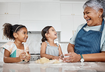 Image showing Cooking dough, learning and grandmother with kids in kitchen baking dessert or pastry. Education, family care and grandma teaching sisters or children how to bake, bonding and laughing at comic joke.