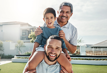 Image showing Portrait of happy family child, father and grandfather bonding, smile or enjoy quality time together in front yard. House lawn, vacation love and outdoor people on holiday in Rio de Janeiro Brazil