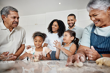 Image showing Cooking, learning and big family with kids in kitchen baking dessert or pastry dough. Education, care and mother, father and grandparents teaching sisters or children how to bake, bonding or laughing