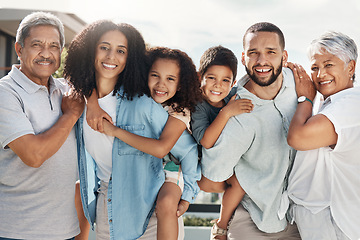 Image showing Love, smile and portrait of happy big family bonding, relax and enjoy quality time together in Rio de Janeiro Brazil. Holiday vacation, happiness and youth children, parents and grandparents reunion