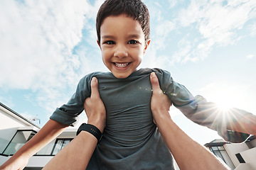 Image showing Family, fun and portrait of boy in air enjoying playing outdoors on holiday, vacation and weekend at home. Love, childhood and happy face of boy in parents arms for bonding, quality time and relax