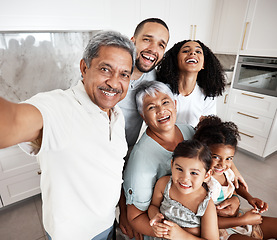 Image showing Big family, selfie and portrait in home kitchen, bonding or having fun together. Love, happy memory or father, mother and grandparents with girls or kids, laughing or taking pictures for social media