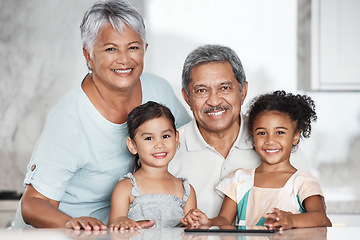 Image showing Portrait, family or children with senior grandparents and girl grandchildren bonding in a house together during a visit. Kids, love or smile and happy sister siblings at home with granny and grandpa