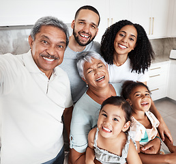 Image showing Selfie, big family and portrait in home kitchen, bonding and having a fun time. Love, support or happy father, mother and grandparents with girls or kids laughing and taking pictures for social media