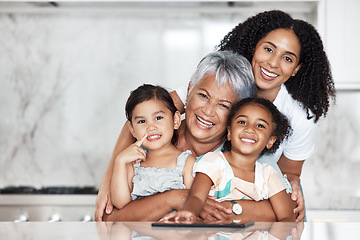 Image showing Love, smile and portrait of happy family in home, bonding and laughing at funny joke. Comic, generations and grandmother, mother and girls, kids or children, smiling or enjoying quality time together