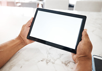 Image showing Tablet, mockup screen and hands of man at home online for website, social media and internet research. Technology, connection and digital tech with empty space for marketing, advertising and branding