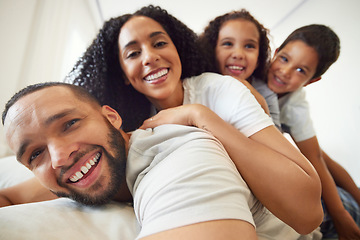 Image showing Happy family, portrait and selfie with children and parents relax, play and having fun in their home together. Face, smile and African kids laugh with mother and father for photo while bonding