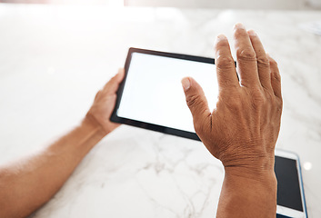 Image showing Tablet, mockup screen and hands of man wave for video call, social media and connection at home. Technology, networking and senior male with digital tech space for marketing, advertising and branding