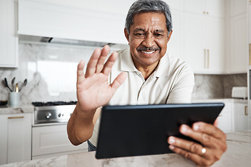 Image showing Man, tablet and wave on video call in home for virtual communication, connection and social network. Happy mature guy with digital technology, hello and voip online with smile, happiness and web app