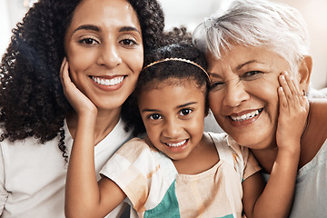 Image showing Family, generations and face with love in portrait and care at home, mother and grandmother with child together and smile. Happiness, relationship and bonding with women and girl in closeup