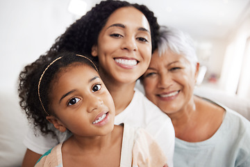 Image showing Family, generations with love in portrait and care at home, mother and grandmother with child together and smile. Happiness, relationship and wellness with women and girl spend quality time together