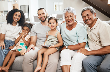 Image showing Big family, portrait smile and living room sofa relaxing together for fun holiday break or weekend at home. Happy grandparents, parents and children smiling in happiness for bonding time on couch