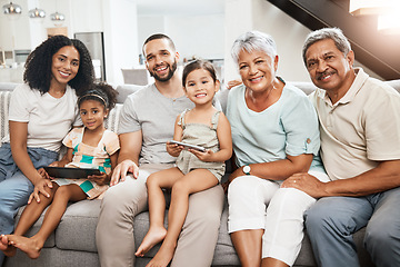 Image showing Big family, portrait smile and on living room sofa relaxing together for fun holiday break or weekend at home. Happy grandparents, parents and children smiling in happiness for bonding time on couch