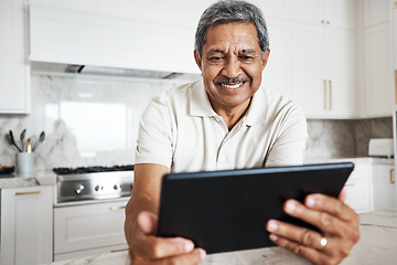 Image showing Mature man, tablet and home on social media, internet and reading online news application. Happy grandpa, digital technology and connection in house for networking, website search and ebook for smile