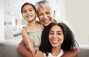 Image showing Family, generations and hug with love in portrait and care at home, mother and grandmother with child smile and bond. Happiness, relationship and solidarity, women and girl with quality time together