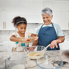 Image showing Learning, cooking grandmother and girl with egg and flour in bowl in home kitchen. Education, family care and happy grandma teaching child how to bake, bonding and enjoying baking time together.