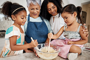 Image showing Learning, big family and cooking kids in kitchen mixing baking dough in bowl in home. Education, care and mother and grandma teaching children how to bake, bonding and enjoying quality time together.