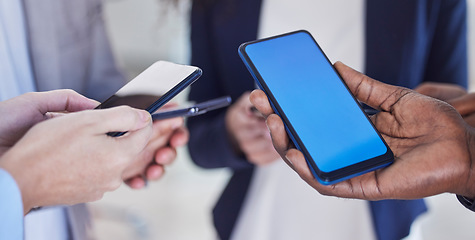 Image showing Green screen, phone and group hands for mobile app, networking mockup and product placement. Smartphone, technology and blue mock up for communication, social media chat or website ux for contact us