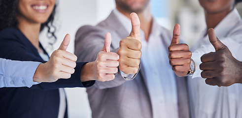 Image showing Thumbs up, hands and business people, diversity and yes, agreement and success with motivation and collaboration. Achievement, hand sign and emoji with employee group, like and solidarity with team